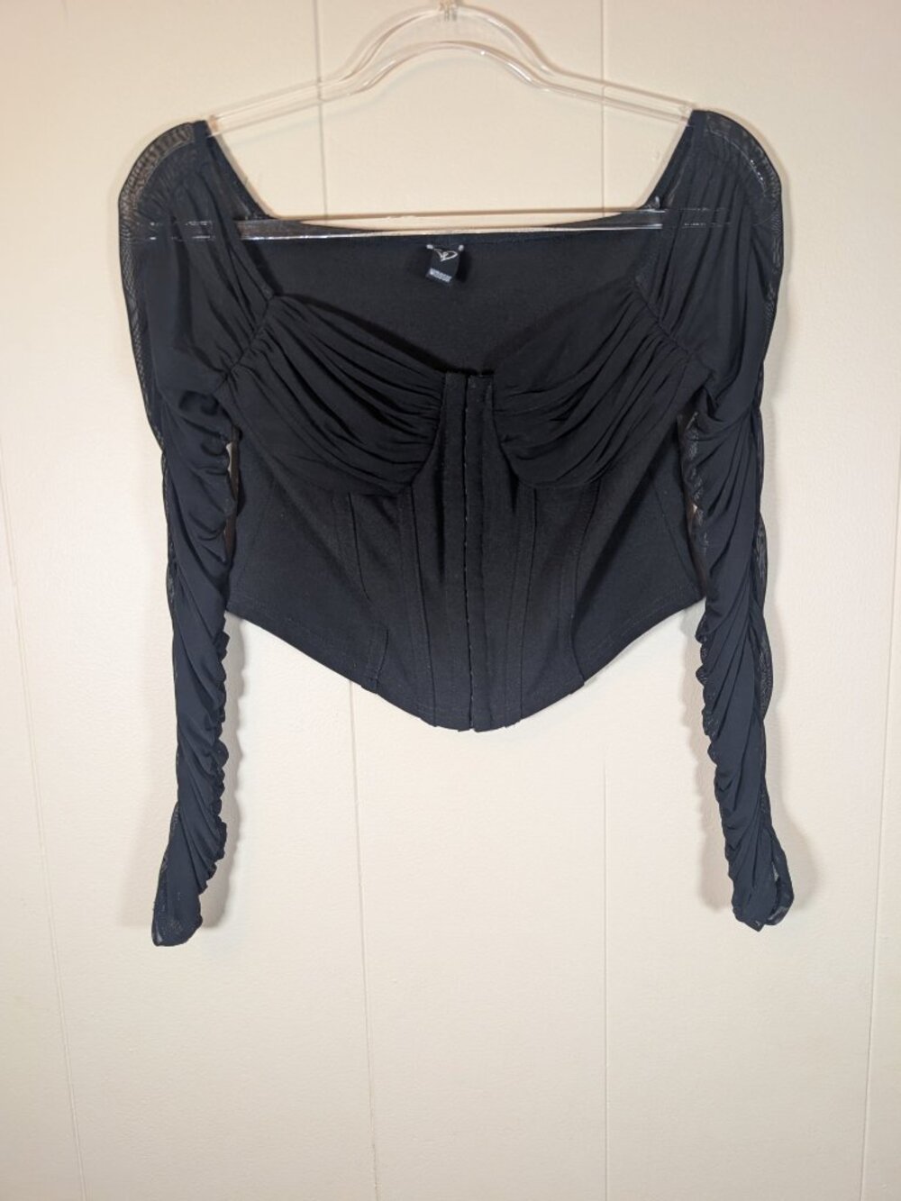 Y2K Black Corset WINDSOR Ruched Mesh Long Sleeve Bustier Crop Goth Wednesdaycore